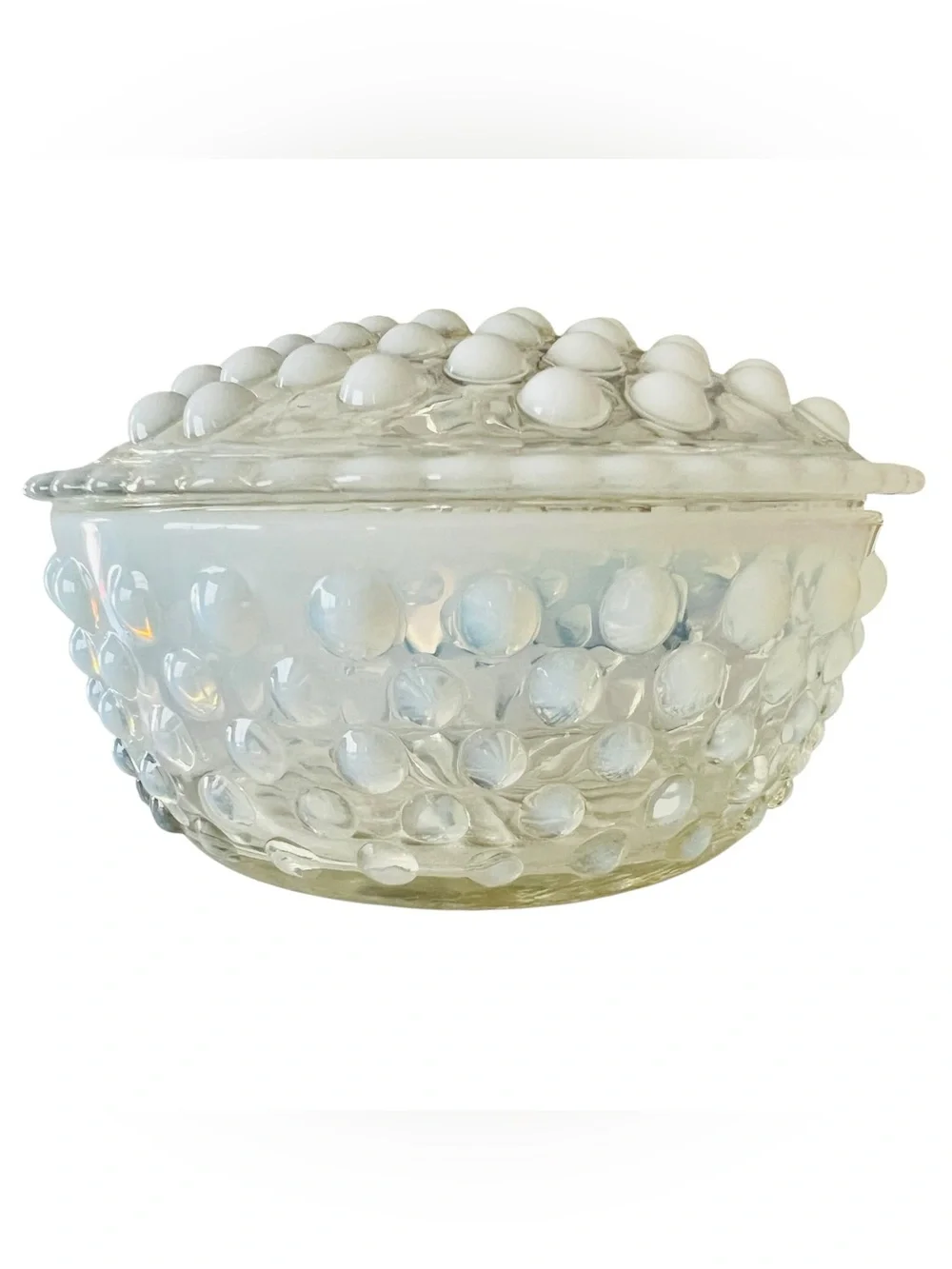 Vintage Anchor Hocking Moonstone Opalescent Hobnail Lidded Powder Trinket Box